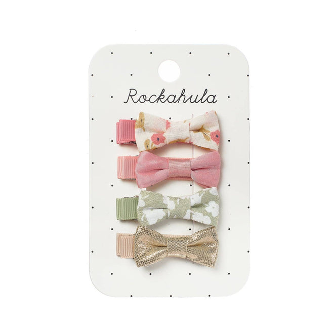Elsie Mini Bow Clip Set featuring floral, satin, and gold hair accessories.