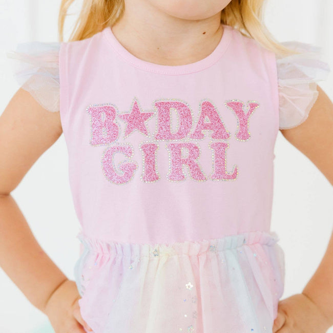 Soft multicolor tulle skirt on the Fairy Dust Birthday Tutu Dress.
