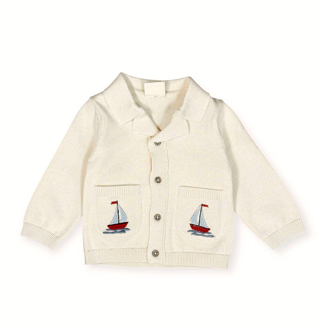 Sailboat Embroidered Pocket Baby Shirt & Pants Set, Viverano Organics nautical baby boy organic cotton button-front shirt with sailboat embroidered pockets and matching pants
