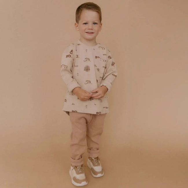Organic Cotton Farm Print Tee & Foldover Pants Set showing whimsical barnyard print detail for toddler boys