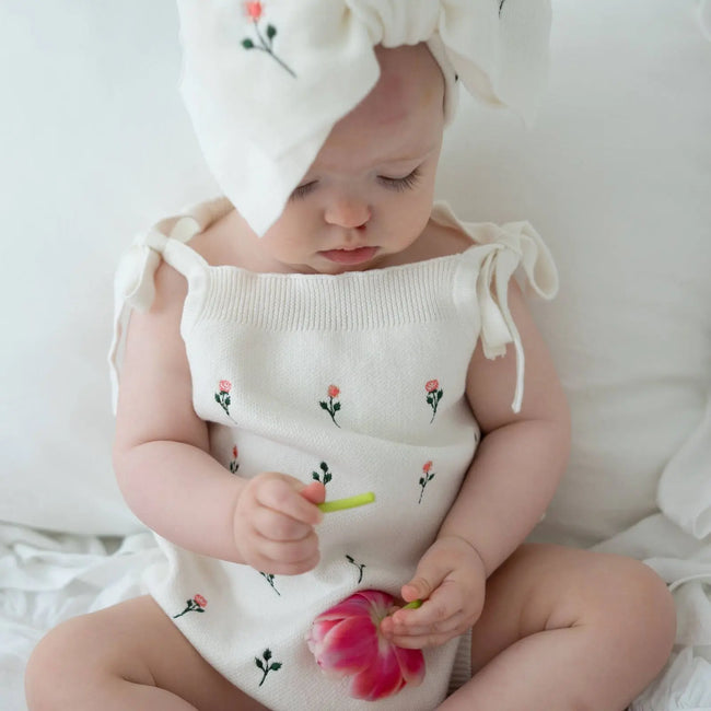 Floral Embroidery Romper and Bow - White 100% organic cotton baby romper with matching bow,