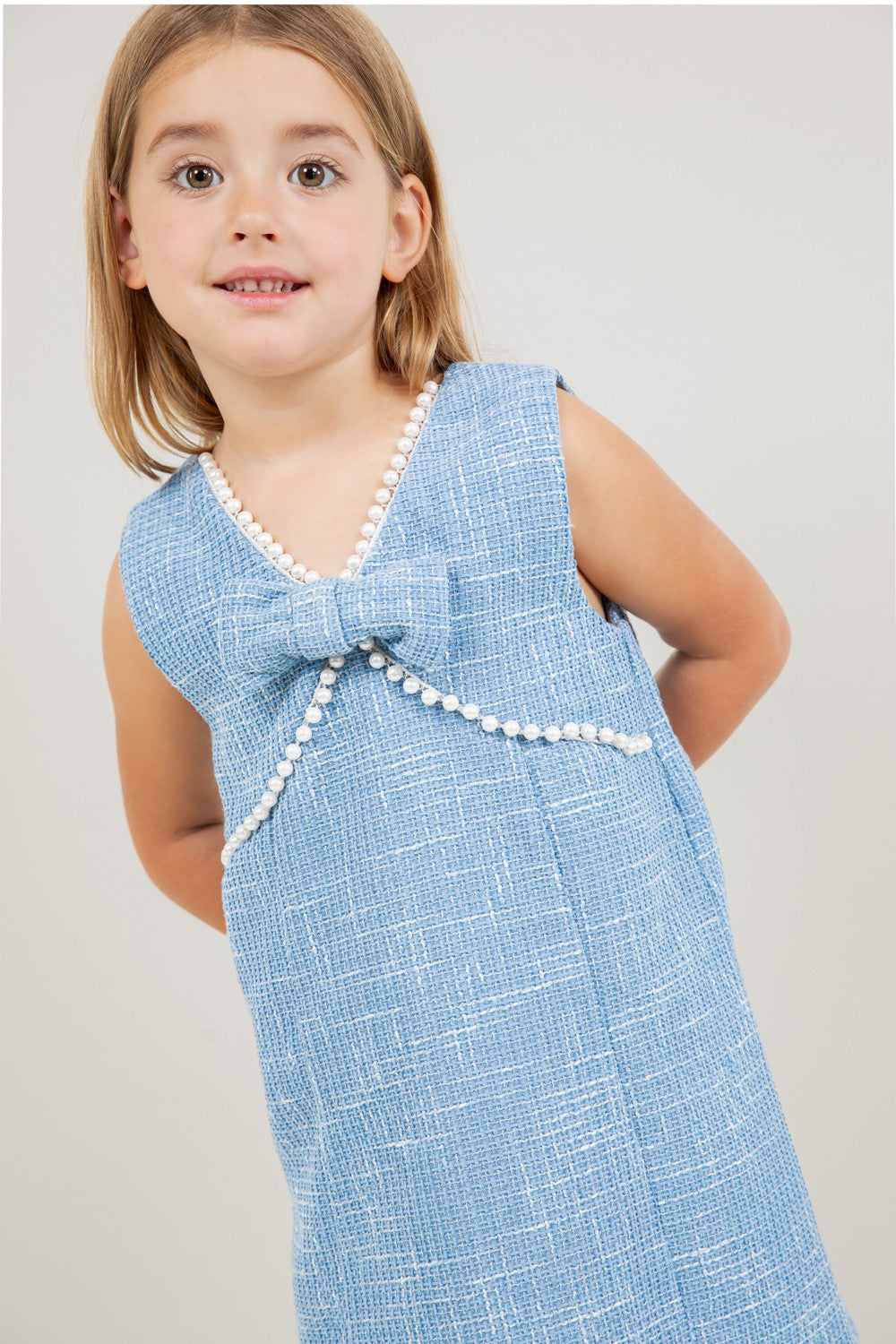 Girl’s Pearl Bow Tweed Dress – Sky Blue | Olive Sprout Kids