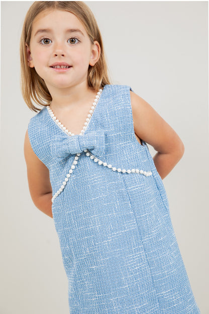 Girl’s Pearl Bow Tweed Dress – Sky Blue | Olive Sprout Kids