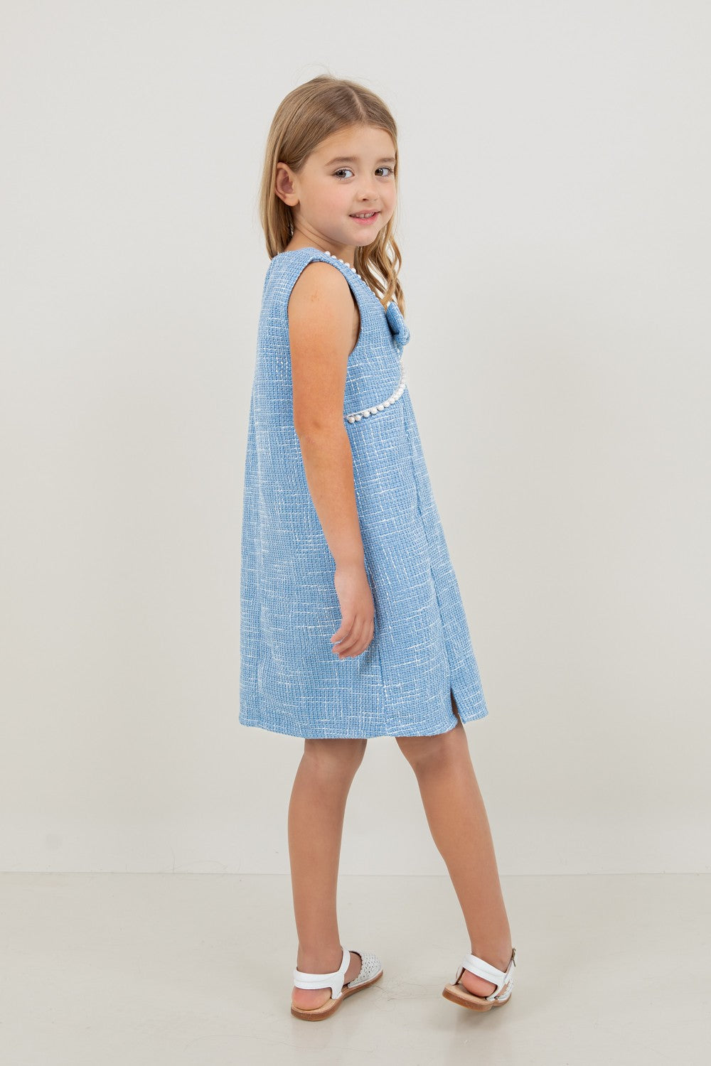 Girl’s Pearl Bow Tweed Dress – Sky Blue | Olive Sprout Kids