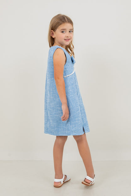 Girl’s Pearl Bow Tweed Dress – Sky Blue | Olive Sprout Kids