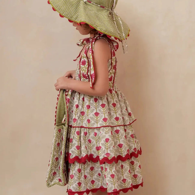 Tiered Floral Dress in Red Floral / White - back view showing tiered skirt detail