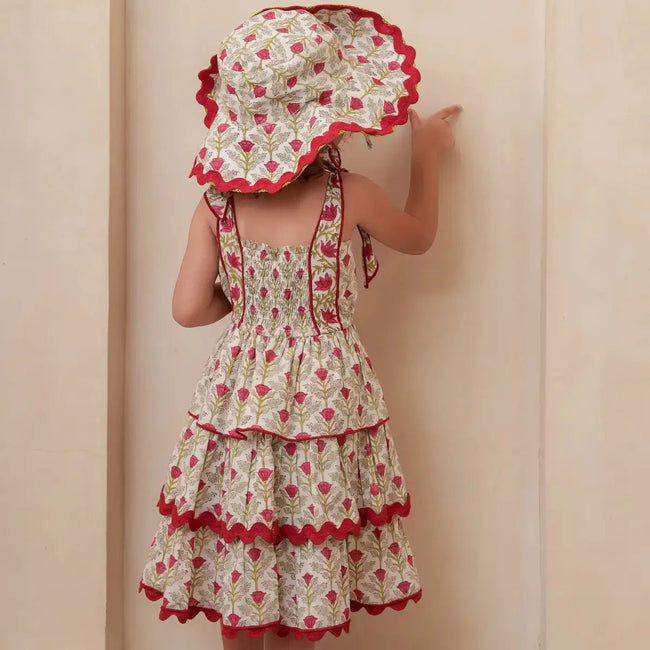 Tiered Floral Dress in Red Floral / White - back view showing tiered skirt detail toddler girl summer dress