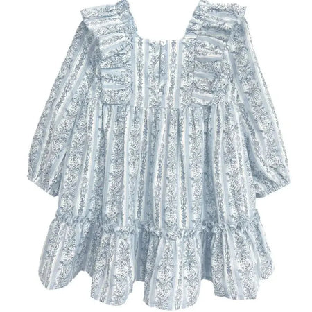 Georgina Striped Ruffle Dress in blue and white, front view showing square neckline and ruffled shoulders, Mabel + Honey