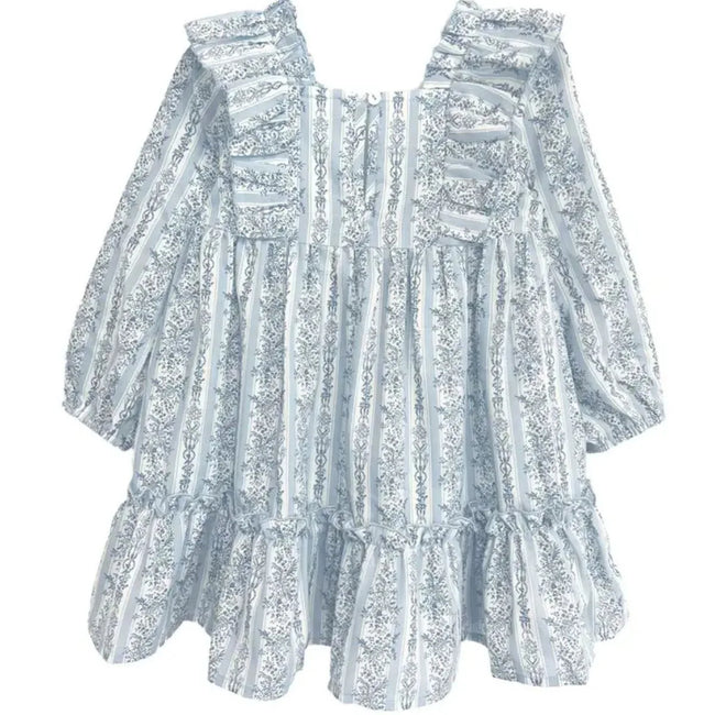 Georgina Striped Ruffle Dress in blue and white, front view showing square neckline and ruffled shoulders, Mabel + Honey