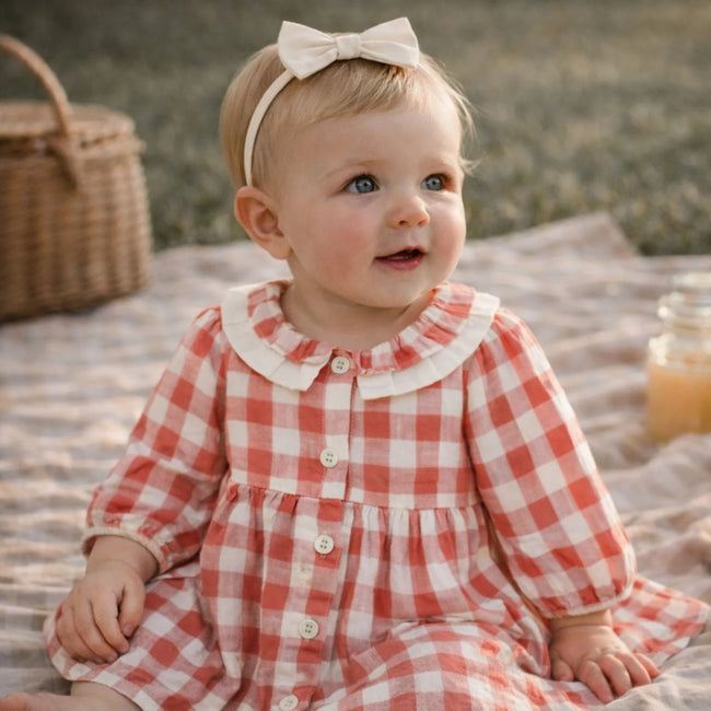 Organic Cotton Gingham Dress & Bloomer Set (Cranberry) in red and white gingham for baby girls Holly Gingham Baby Dress & Bloomer Set Viverano Organics