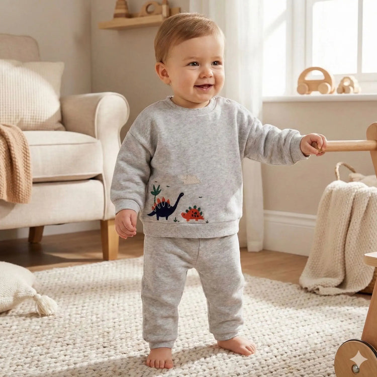 Dino Baby Sweatshirt & Jogger Set in heather grey, long sleeve sweatshirt with embroidered dino and matching pull-on joggers in organic cotton french terry
