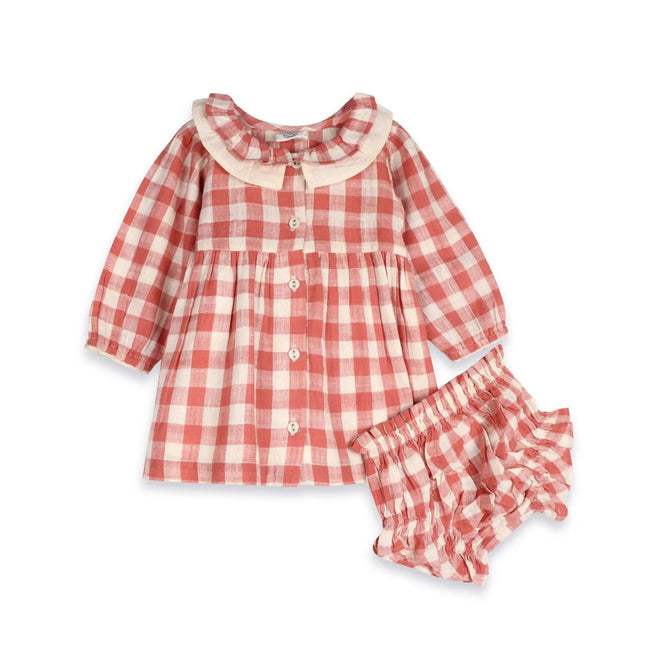 Organic Cotton Gingham Dress & Bloomer Set (Cranberry) styled on a baby girl showing babydoll silhouette Holly Gingham Baby Dress & Bloomer Set Viverano Organics