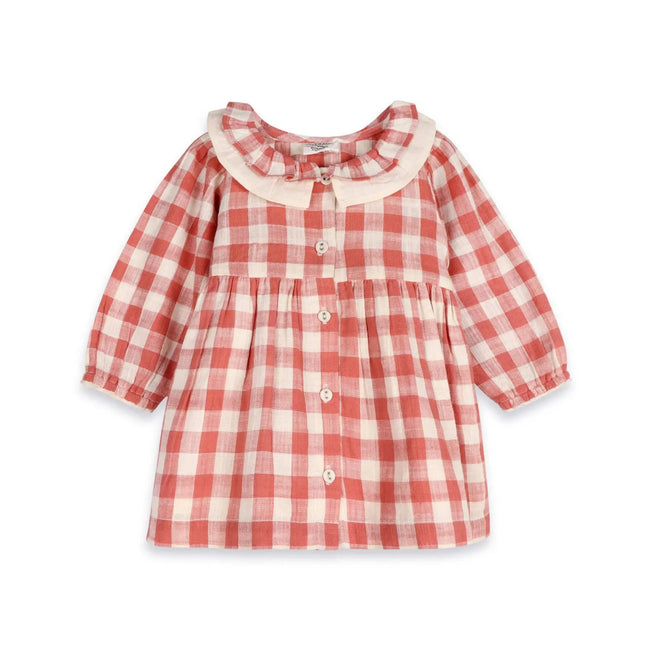 Organic Cotton Gingham Dress & Bloomer Set (Cranberry) dressed for fall with soft organic cotton fabric, Holly Gingham Baby Dress & Bloomer Set Viverano Organics