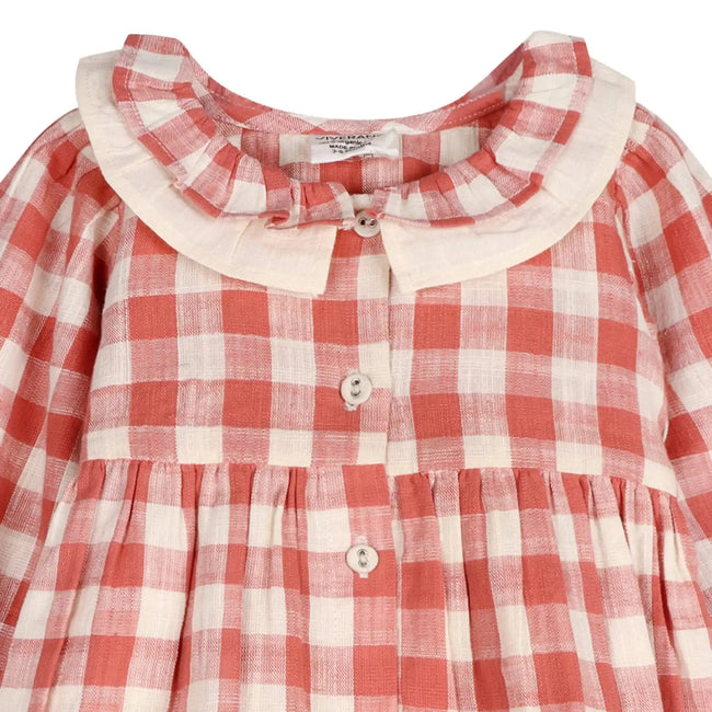 Organic Cotton Gingham Dress & Bloomer Set (Cranberry) close-up of organic cotton yarn-dyed fabric, Holly Gingham Baby Dress & Bloomer Set Viverano Organics