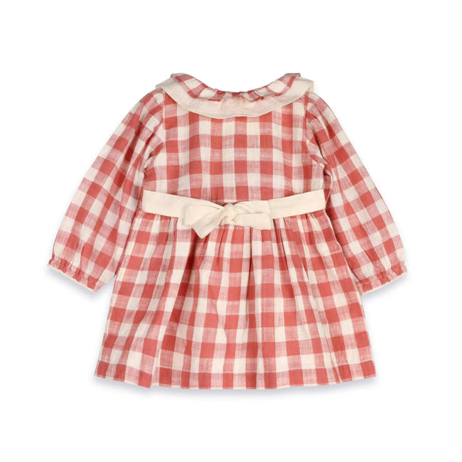 Organic Cotton Gingham Dress & Bloomer Set (Cranberry) showing matching gingham bloomers, Holly Gingham Baby Dress & Bloomer Set Viverano Organics