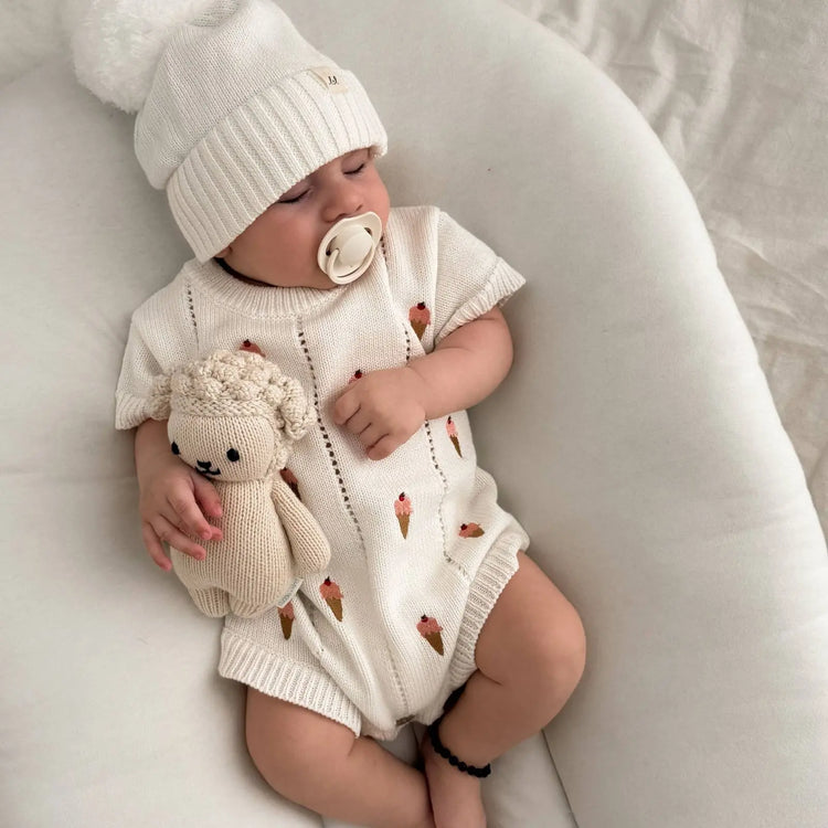 organic cotton baby unisex Ice Cream Embroidered Romper in white organic cotton