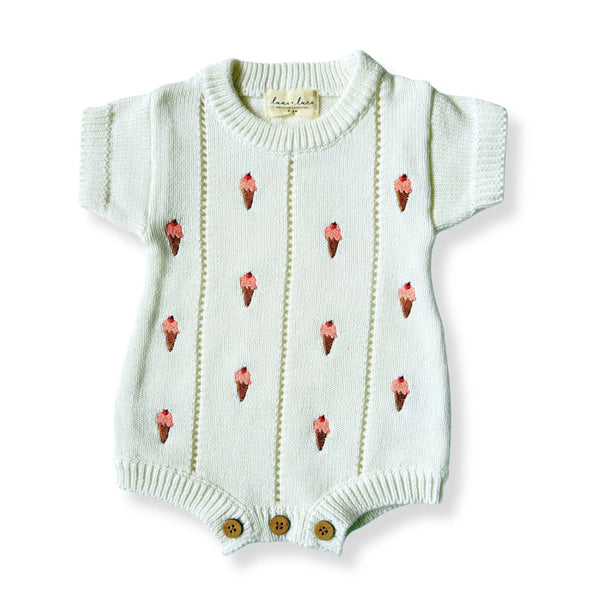 organic cotton baby unisex Ice Cream Embroidered Romper in white organic cotton