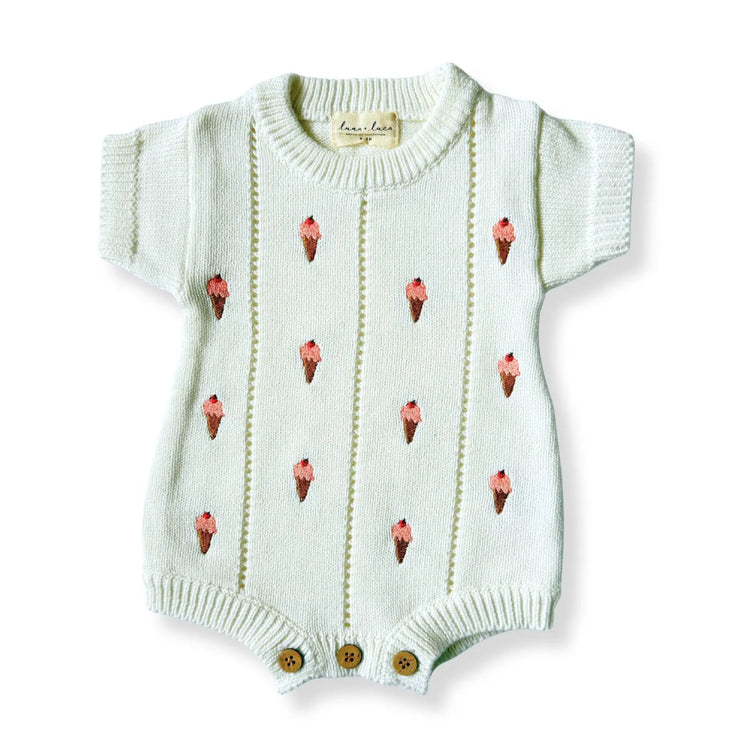 organic cotton baby unisex Ice Cream Embroidered Romper in white organic cotton