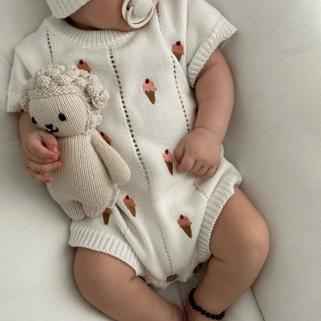 organic cotton baby unisex Ice Cream Embroidered Romper in white organic cotton