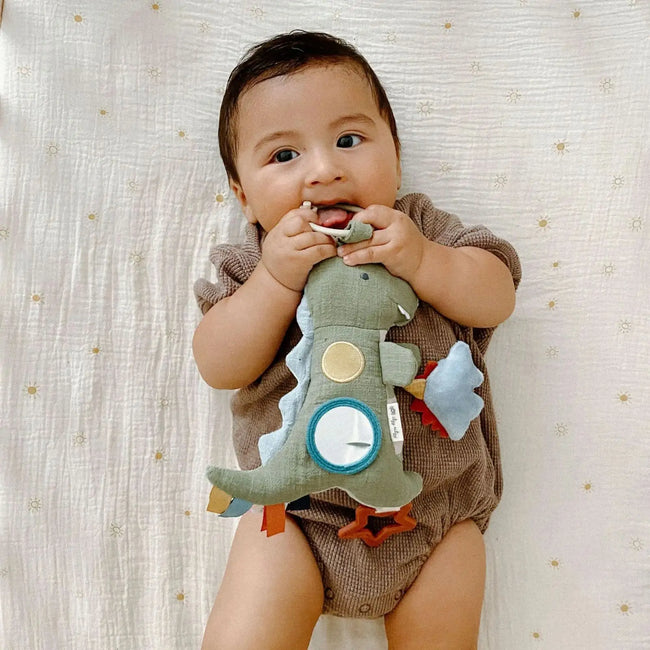 Bitzy Traveler Sensory Toy (Dinosaur), Itzy Ritzy plush dinosaur car seat and stroller toy with crinkle, jingle, and peek-a-boo features
