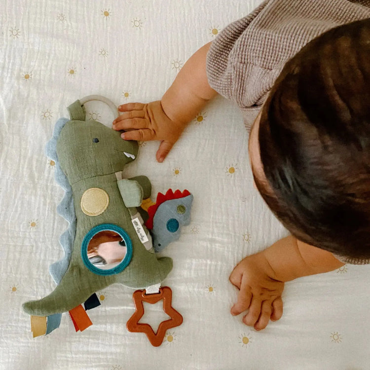 Bitzy Traveler Sensory Toy (Dinosaur), Itzy Ritzy plush dinosaur car seat and stroller toy with crinkle, jingle, and peek-a-boo features