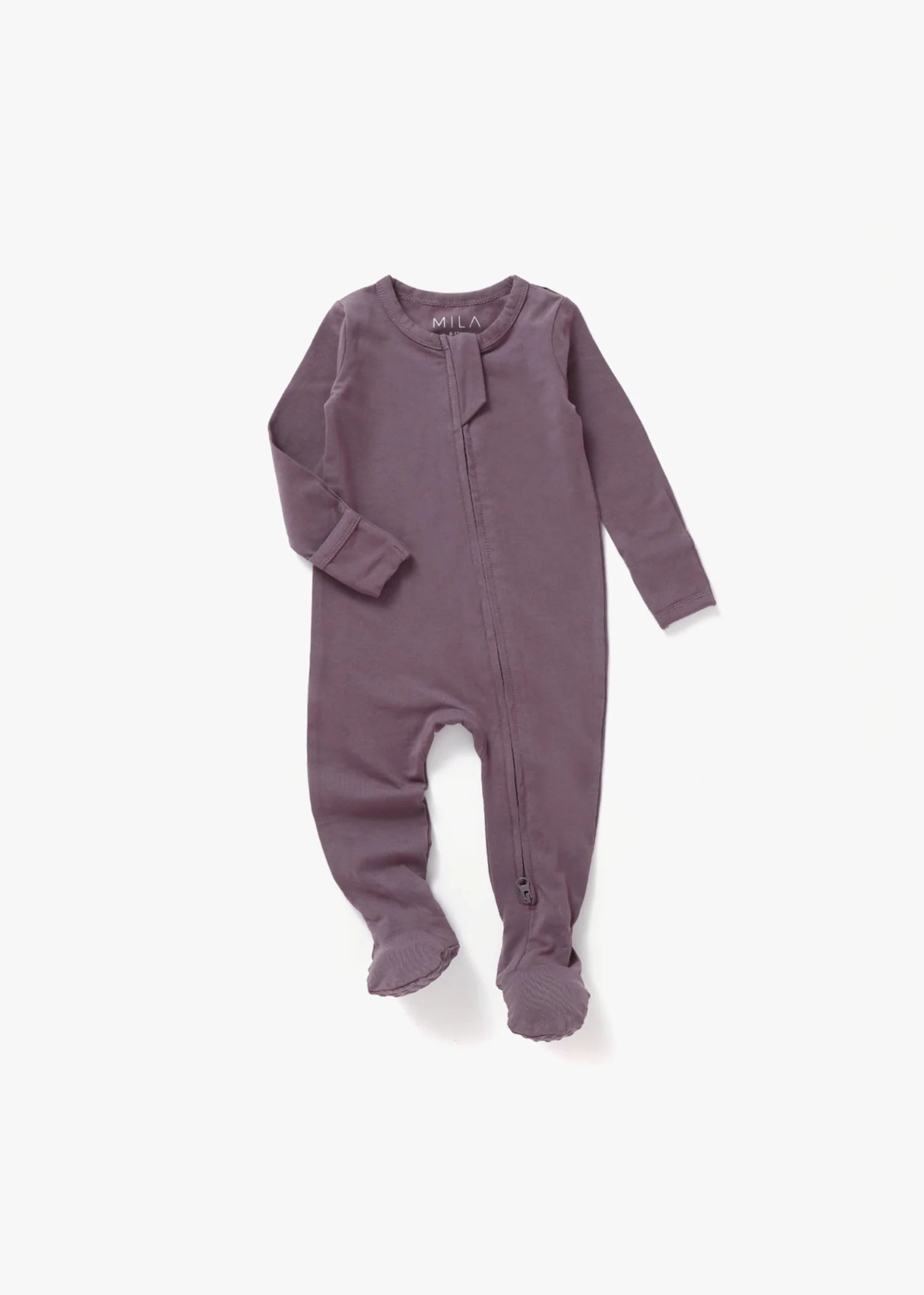 Infant and toddler zip-up footie in elderberry purple – The Jojo by Olive Sprout Kids