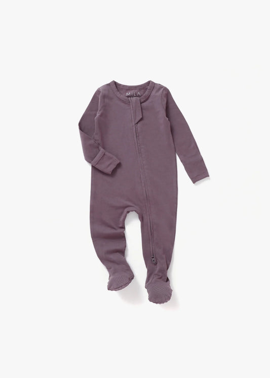 Infant and toddler zip-up footie in elderberry purple – The Jojo by Olive Sprout Kids
