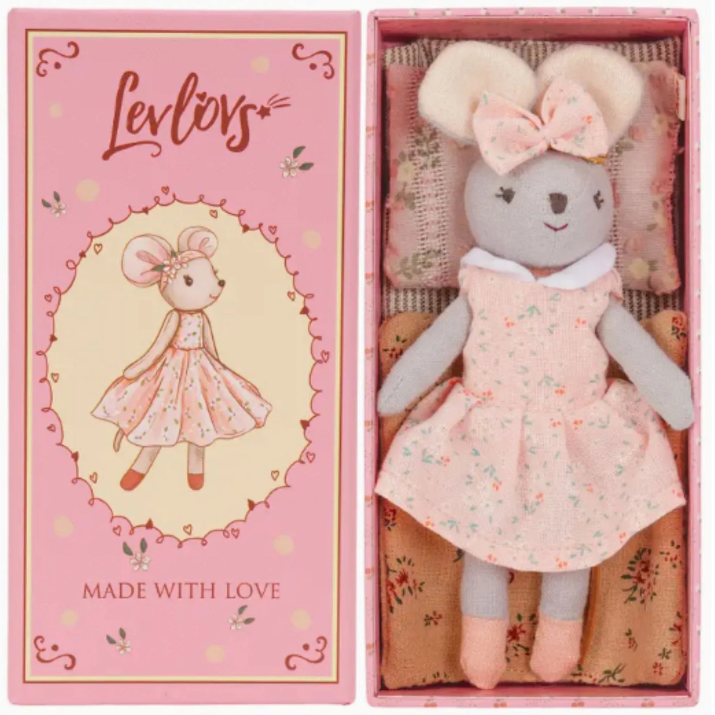 Levlovs Sherry Blossom Mouse | Pink Linen Doll & Gift Box