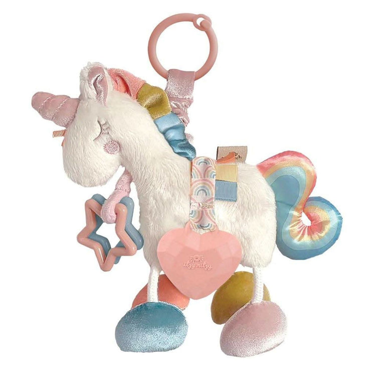 Link & Love Activity Toy (Unicorn), Itzy Ritzy natural cotton unicorn sensory toy with jingle, clinking rings, and textured ribbons