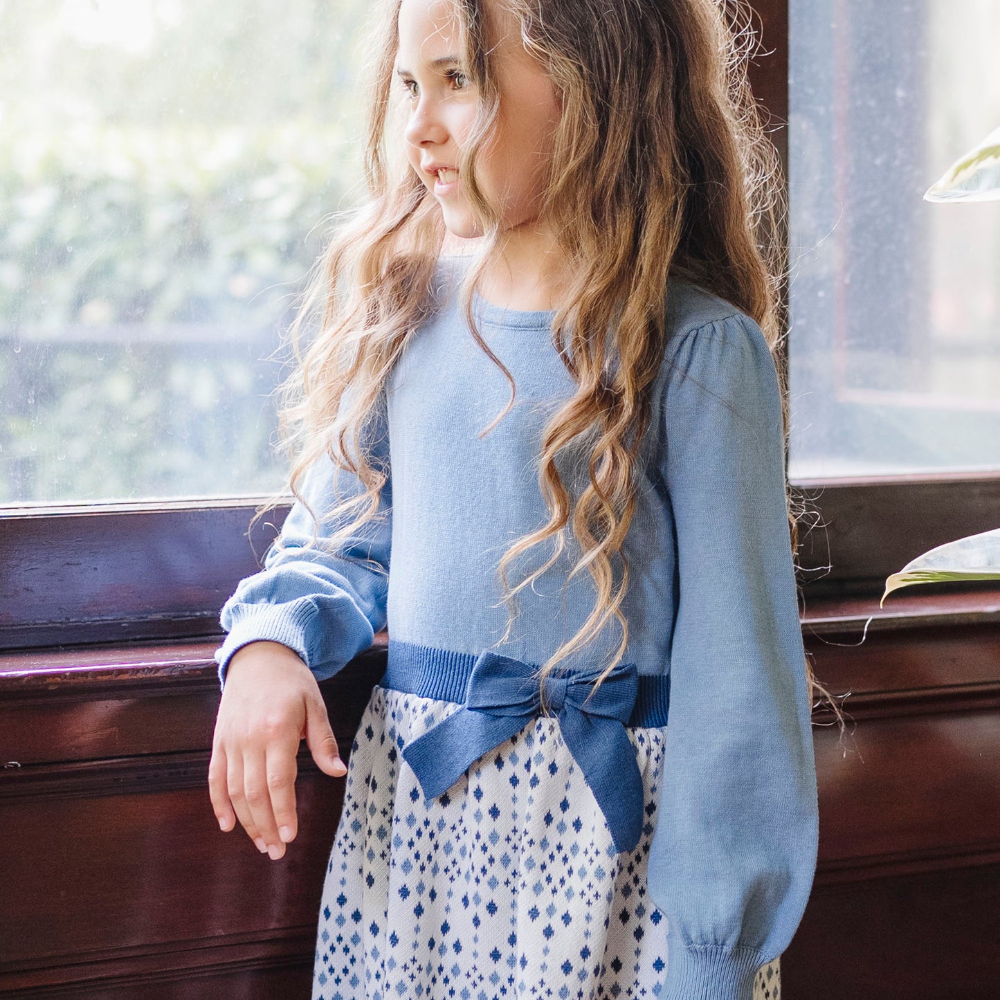 Organic Cotton Blue Sweater Dress with Bow for toddler girls