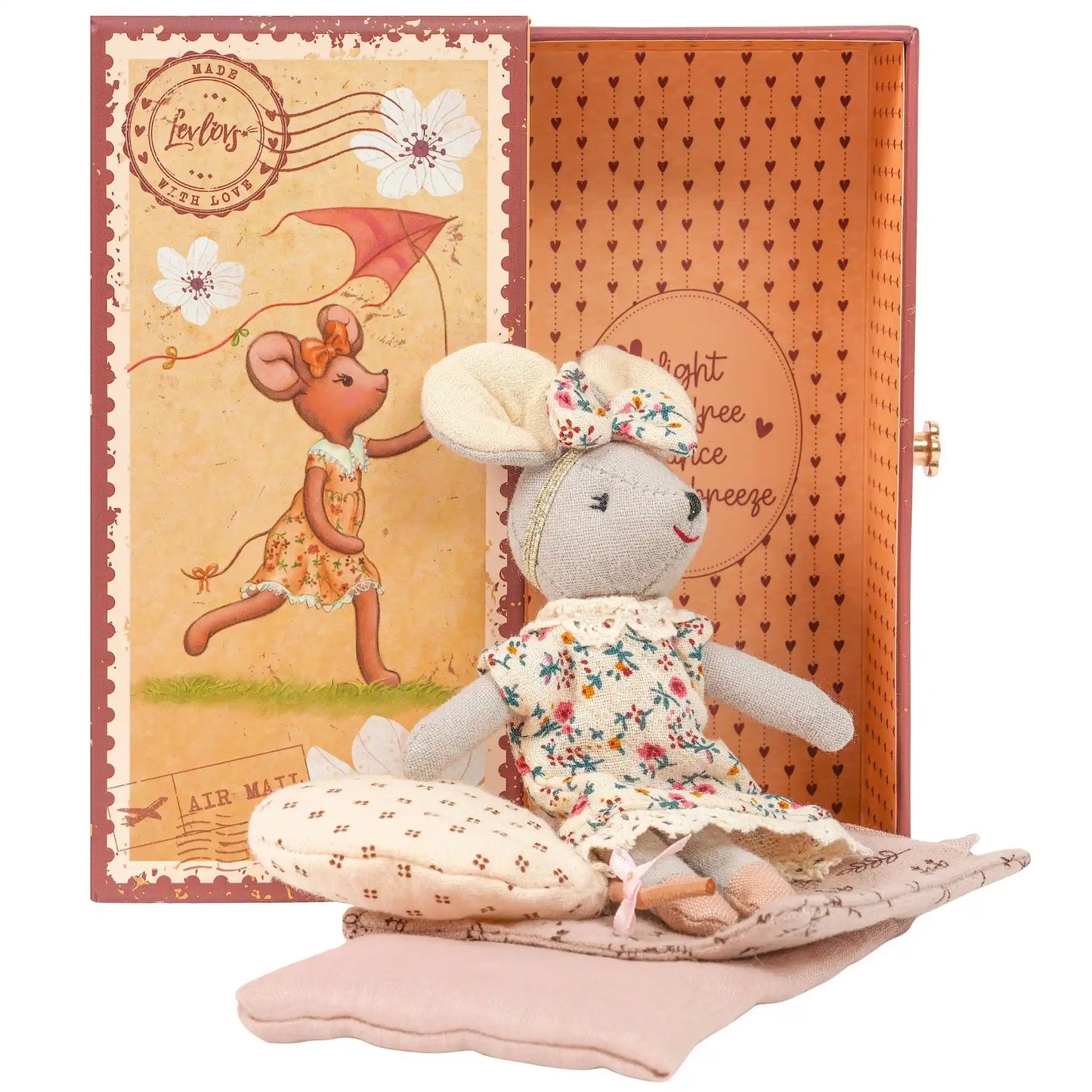 Levlovs Mouse Chloe in Stamp Holder Box with Bedding. Vintage style mouse doll with floral dress.