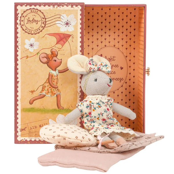 Levlovs Mouse Chloe in Stamp Holder Box with Bedding. Vintage style mouse doll with floral dress.