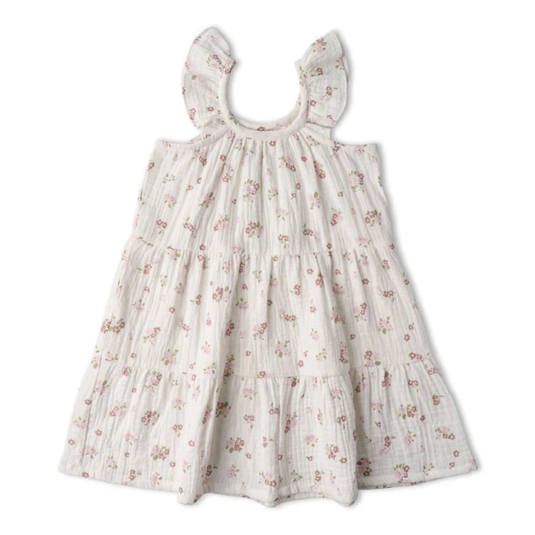 Organic Cotton Ruffle Tiered Dress - Blush Floral, front view of tiered ruffle skirt with soft blush floral print on organic cotton muslim