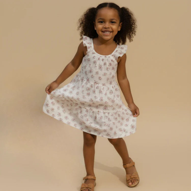 Organic Cotton Ruffle Tiered Dress - Blush Floral, close-up of tiered ruffle layers showing lightweight breathable organic cotton muslin fabric toddler girl