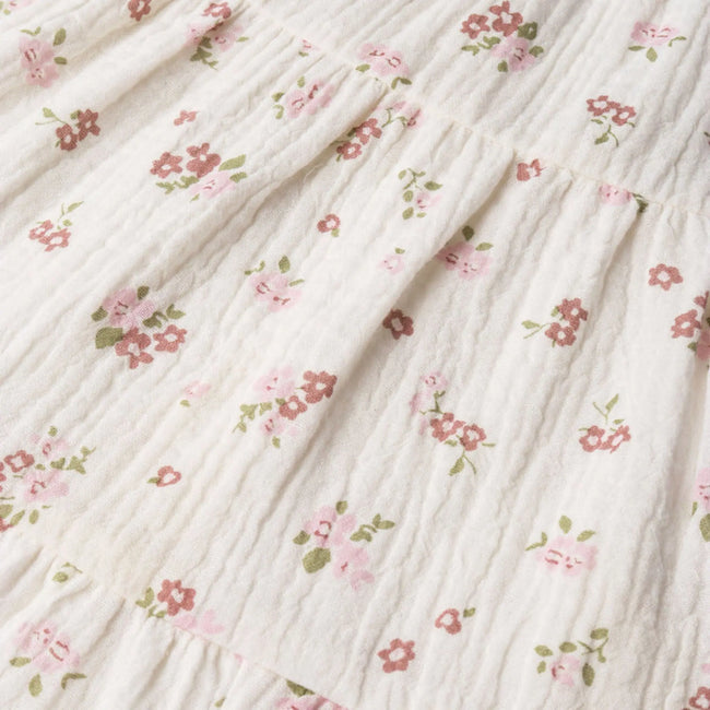 Organic Cotton Ruffle Tiered Dress - Blush Floral, full dress flat lay on white background showing complete silhouette and blush floral pattern