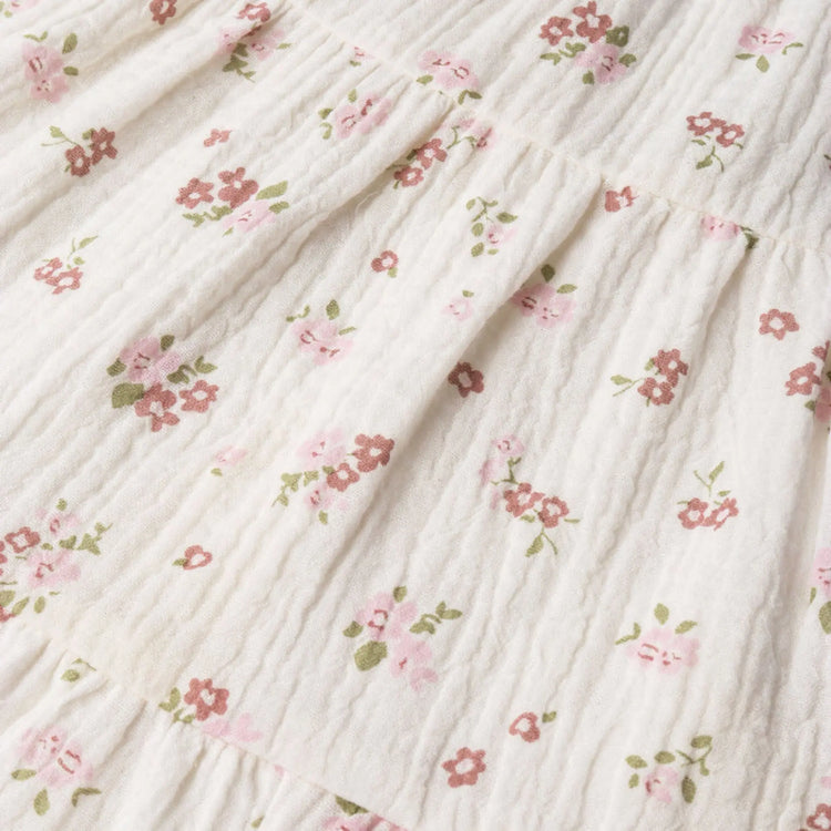Organic Cotton Ruffle Tiered Dress - Blush Floral, full dress flat lay on white background showing complete silhouette and blush floral pattern