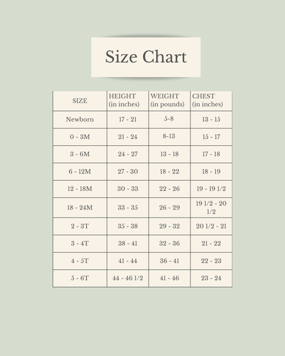 Size chart for children's clothing on a light green background