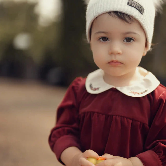 Velvet Peter Pan Collar Romper with Embroidery (Baby Girl) showing Peter Pan collar and delicate embroidery detail