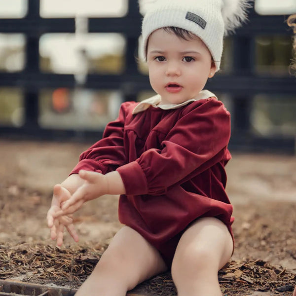 Velvet Peter Pan Collar Romper with Embroidery (Baby Girl) in soft stretch velvet for holidays and special occasions