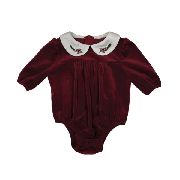 Velvet Peter Pan Collar Romper with Embroidery (Baby Girl) styled on a toddler girl for family photos