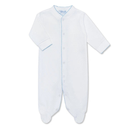 Milano Baby Footie & Bib Set (Pima Cotton) in white with blue detail, Nellapima Peruvian Pima cotton footie and bib set for baby boy