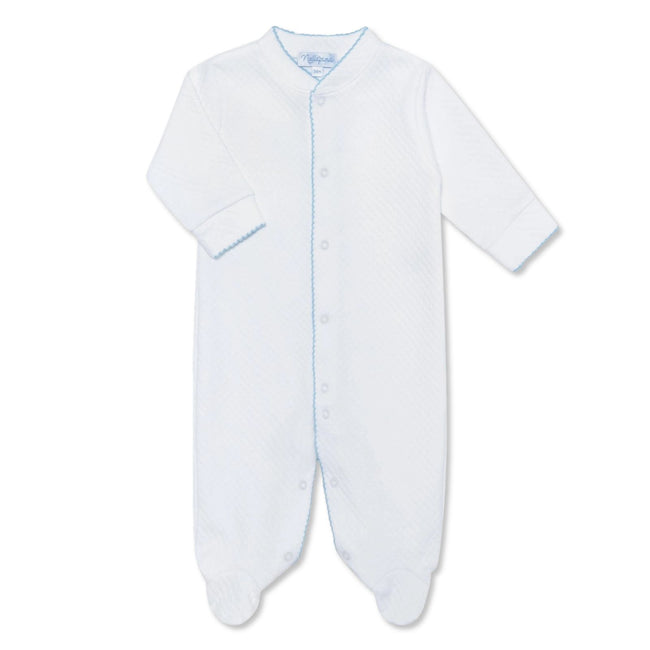 Milano Baby Footie & Bib Set (Pima Cotton) in white with blue detail, Nellapima Peruvian Pima cotton footie and bib set for baby boy