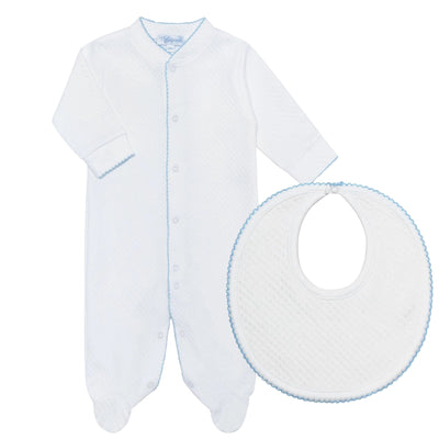 Milano Baby Footie & Bib Set (Pima Cotton) in white with blue detail, Nellapima Peruvian Pima cotton footie and bib set for baby boy
