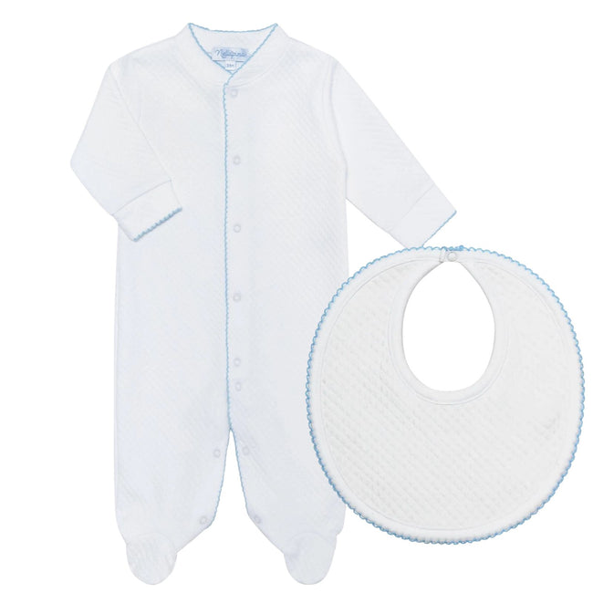 Milano Baby Footie & Bib Set (Pima Cotton) in white with blue detail, Nellapima Peruvian Pima cotton footie and bib set for baby boy