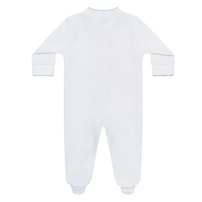 Milano Baby Footie & Bib Set (Pima Cotton) in white with blue detail, Nellapima Peruvian Pima cotton footie and bib set for baby boy