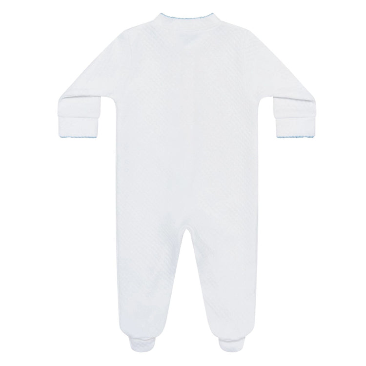 Milano Baby Footie & Bib Set (Pima Cotton) in white with blue detail, Nellapima Peruvian Pima cotton footie and bib set for baby boy