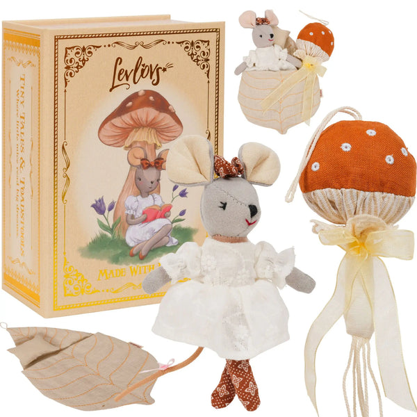 Levlovs Wonder Forest Mouse & Mushroom Set in Cocoa Brown featuring a soft cotton mouse doll and plush toadstool.