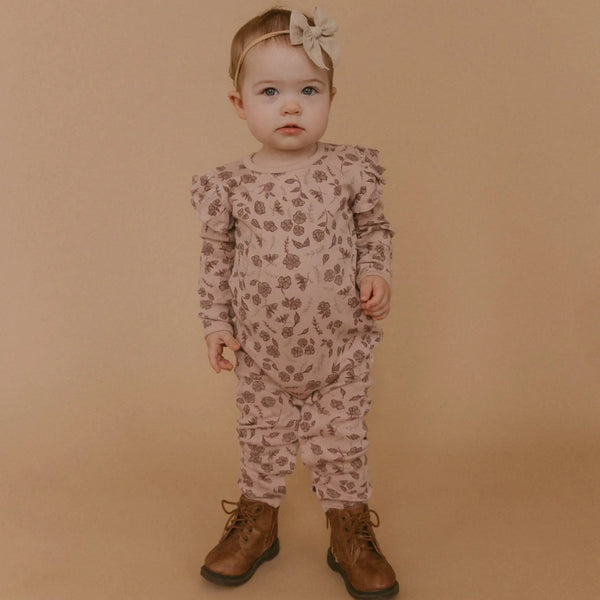 Organic Cotton Floral Ruffle Long Sleeve Romper for baby girls in soft floral print
