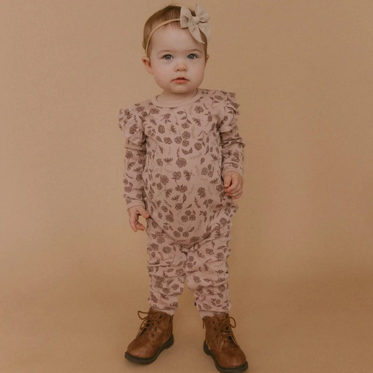 Organic Cotton Floral Ruffle Long Sleeve Romper for baby girls in soft floral print
