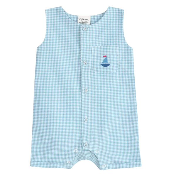 Baby Boy Organic Cotton Nautical Gingham Romper in Blue | Viverano